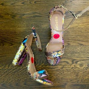 REPORT block heel, multi colored, ankle strap Size 6